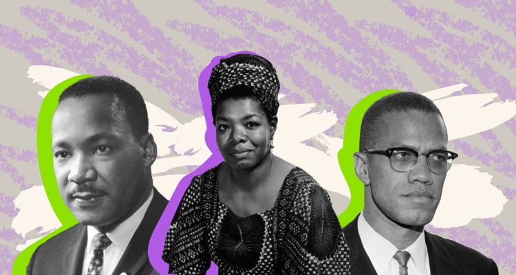 MLK, Maya angelou, Malcolm X purple white green background