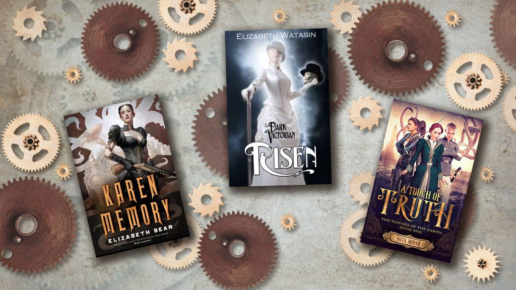 Steampunk background with 3 lesbian steampunk book covers.