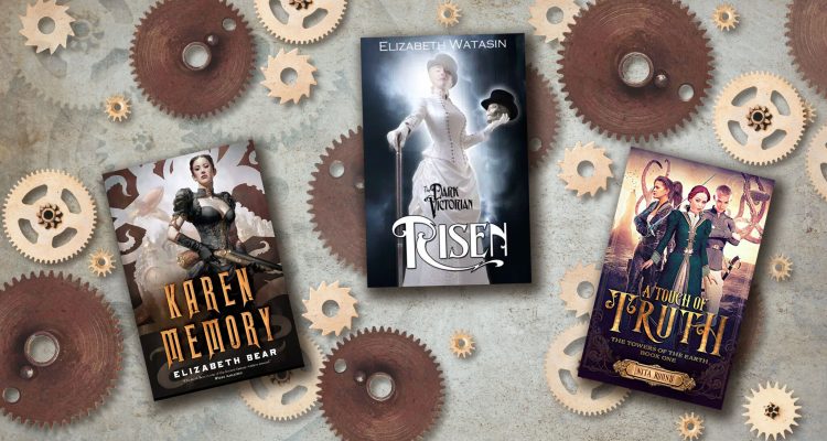 steam punk back ground with 3 lesbian steampunk book covers