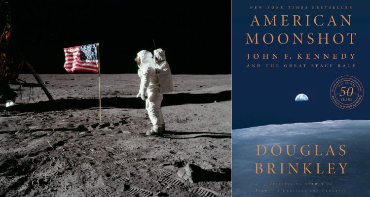 Astronaut on the moon next to cover of American Moonshot book