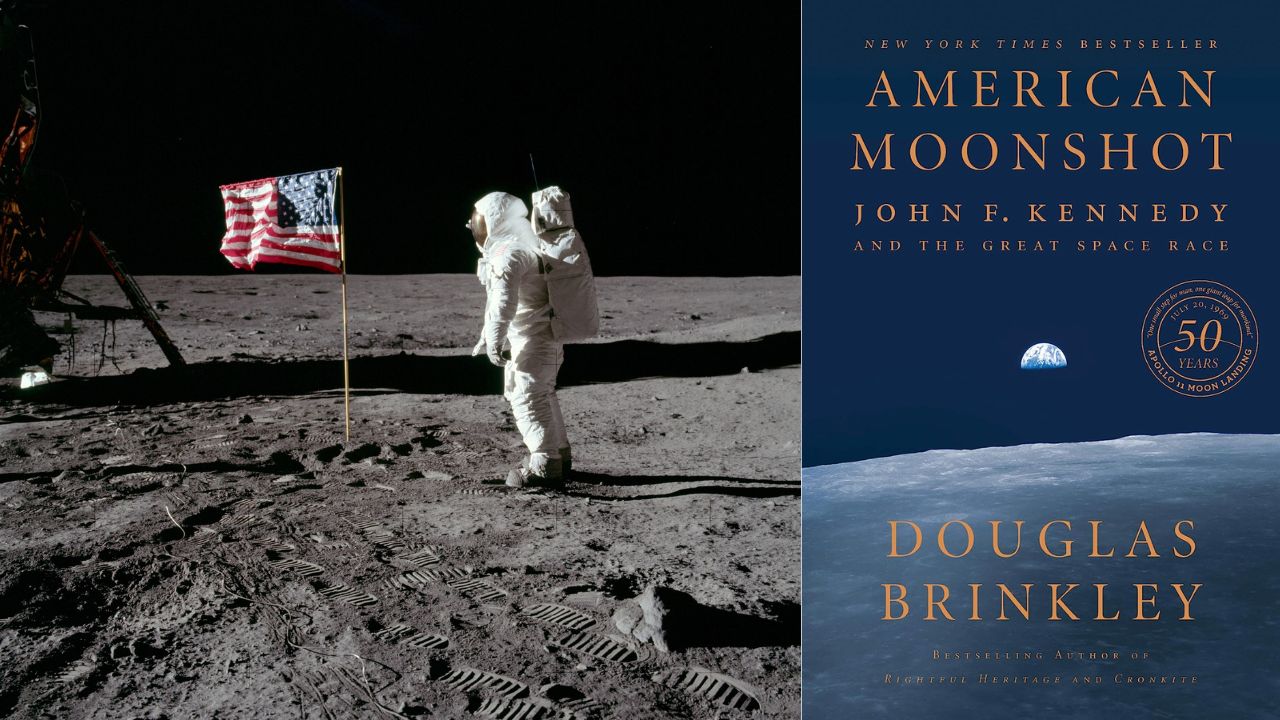 Astronaut on the moon next to cover of American Moonshot book