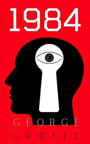 1984 george orwell book cover red background black filled in outline of male head looking to the left with keyhole shaped white cutout in center with eye looking through