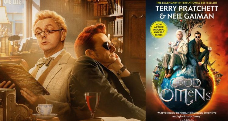 Aziraphale and Crowley next to book cover of Good Omens