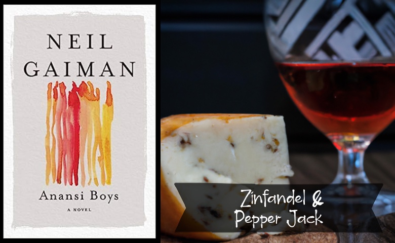 anansi-boys-neil-gaiman-squggles-on-white-book-cover-zinfandel-pepper-jack-book-wine-cheese-pairings
