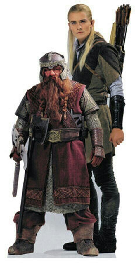 John Rhys-Davies as Gimli and Orlando Bloom as Legolas in Peter Jackson's Lord of the Rings film trilogy.