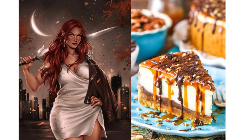 Red haired woman and cheesecake covered with caramel and nuts image