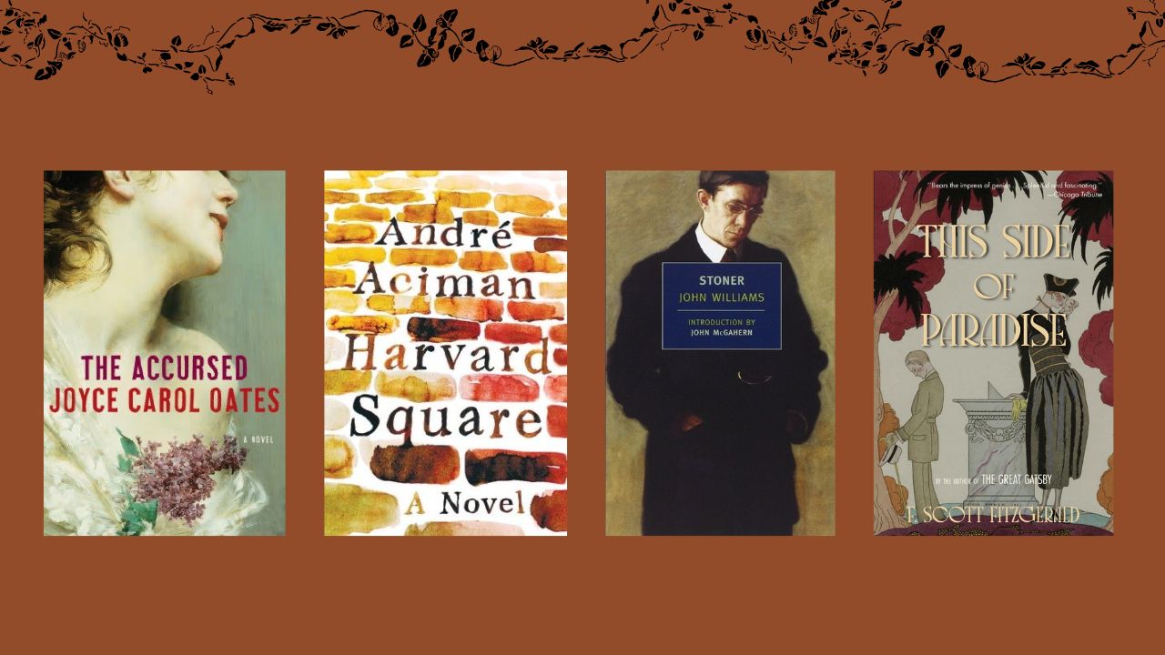 four campus novel book covers on a brown background