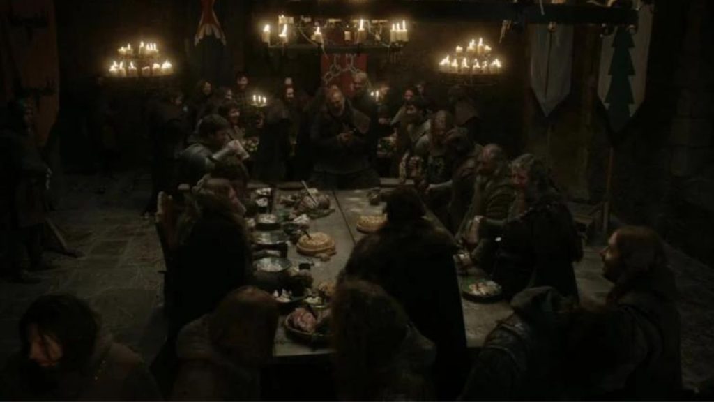 A still image of a feast from the Game of Thrones television series. 