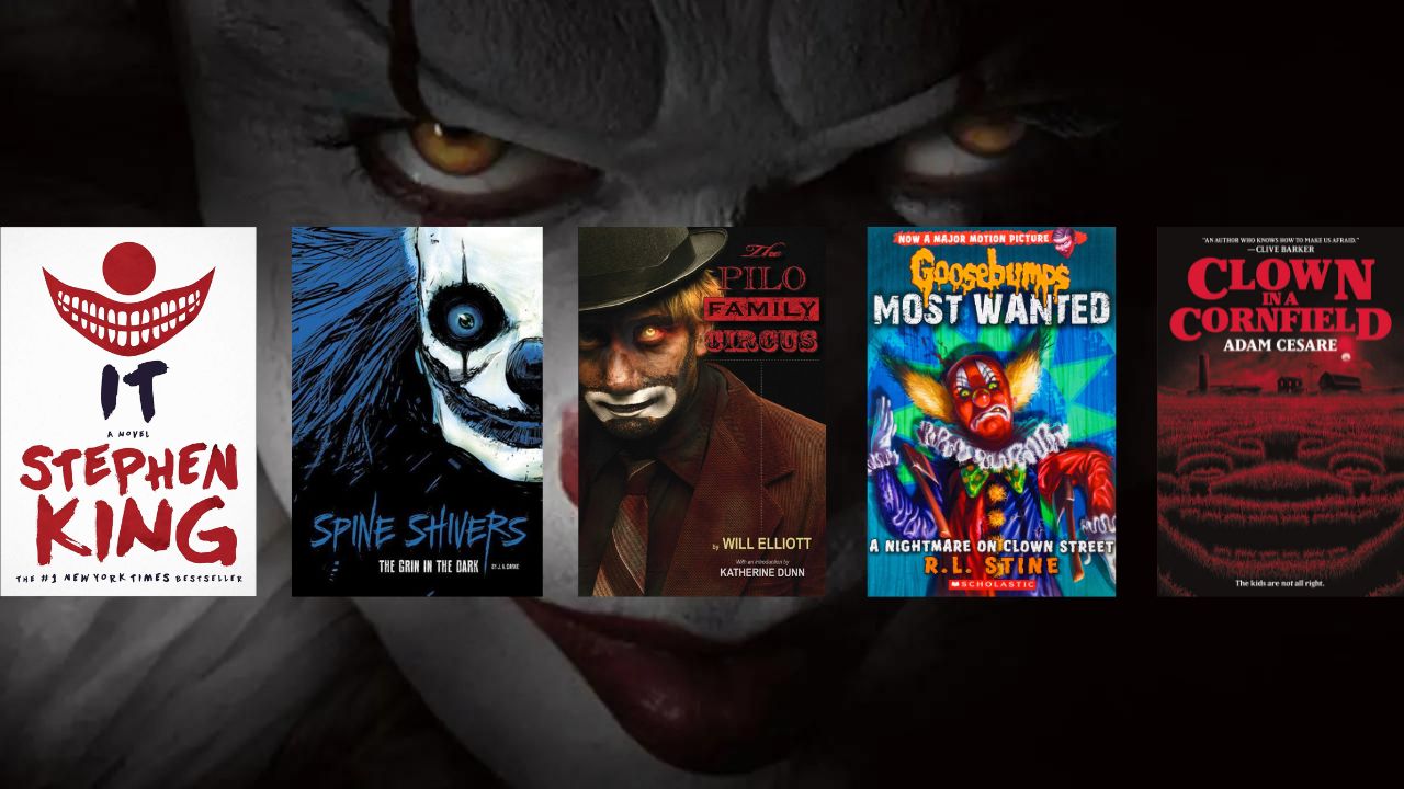five clown horror book covers on a dark clown background