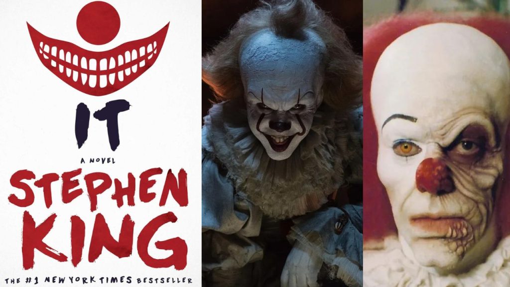 it by stephen king book cover and pennywise portrayed by skarsgard and curry