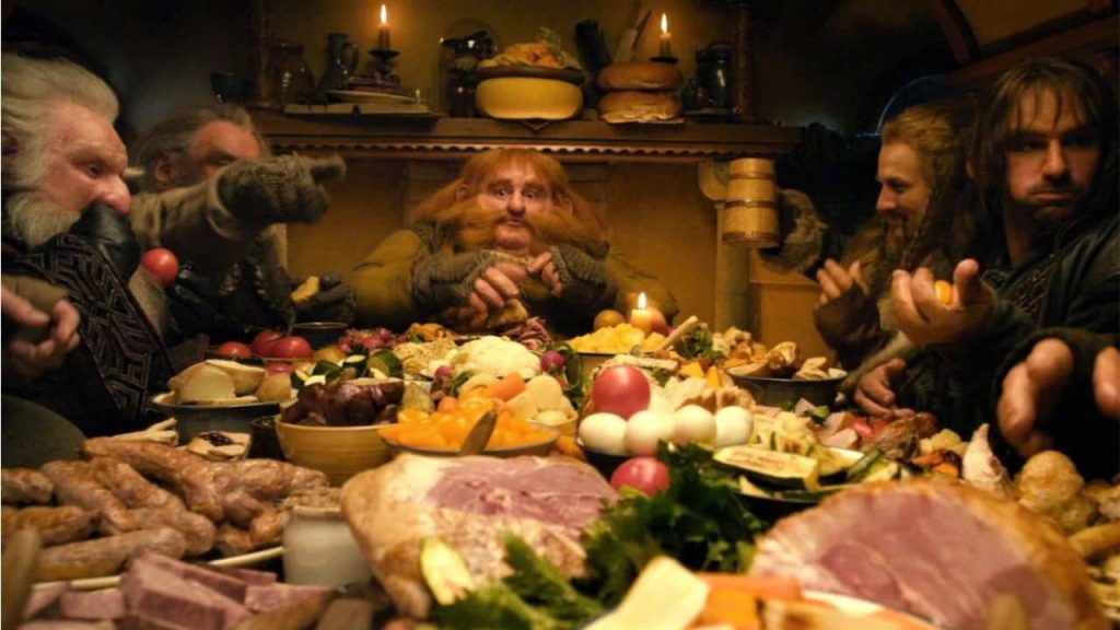 A still image of a feast from the Lord of the Rings films.