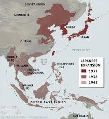 Map that shows countries Japan colonized in East and Southeast Asia such as China, Korea, Thailand, and the Dutch East Indies.
