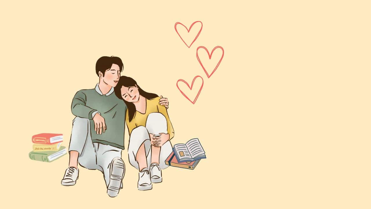 two people sitting together surrounded by piles of books and hearts