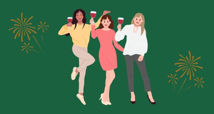 three women standing together holding wine glasses surrounded by fireworks