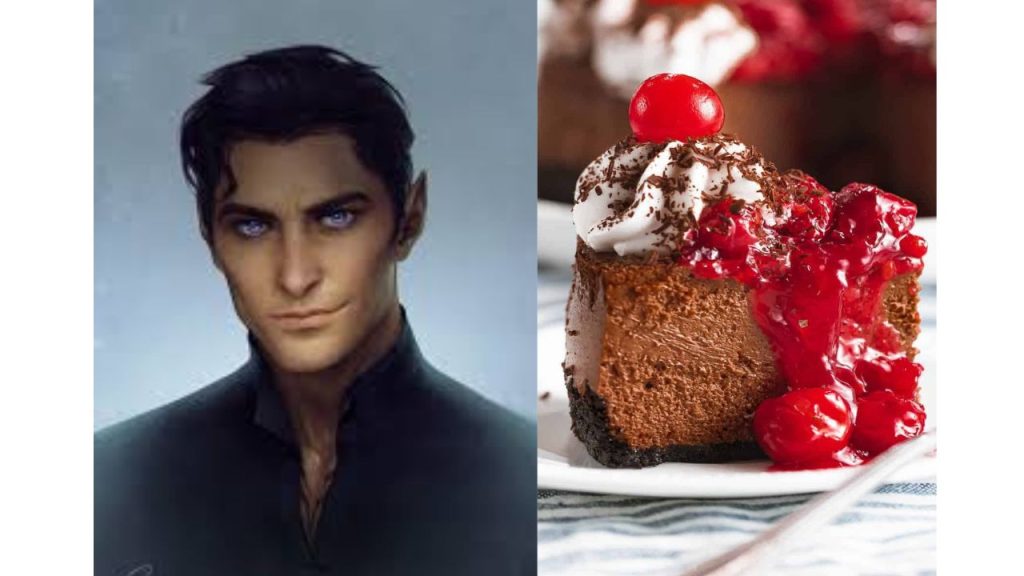 Black haired man and chocolate cheesecake with cherry topping image