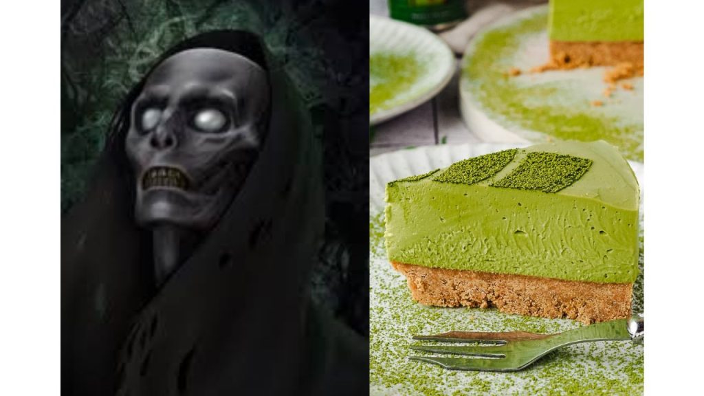 Skeleton in hood and green cheesecake image