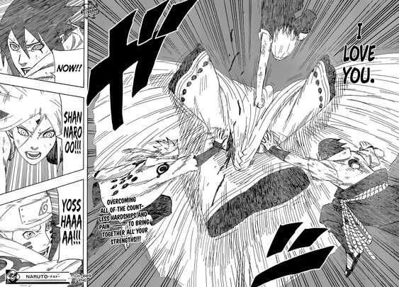 Naruto 2 fight sequence in black and white manga drawings.
