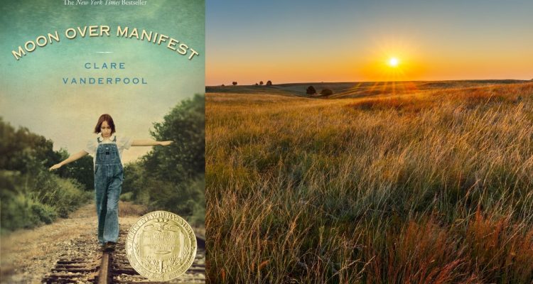 Great Plains sunset next to cover of Moon Over Manifest book by Clare Vanderpool