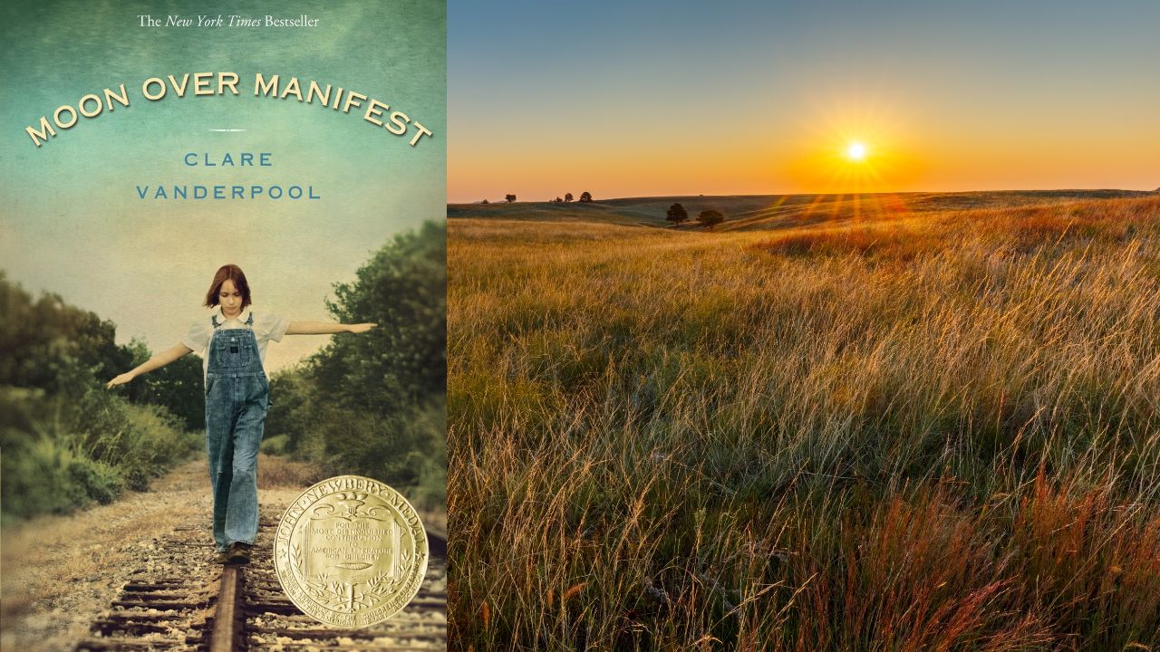 Great Plains sunset next to cover of Moon Over Manifest book by Clare Vanderpool