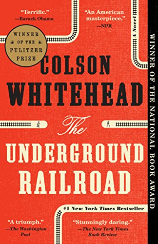 The Underground Railroad Colson Whitehead book cover railroads on red background