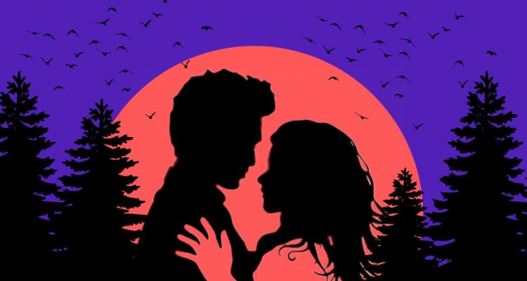 Silhouettes of Edward Cullen and Bella Swan in Forest