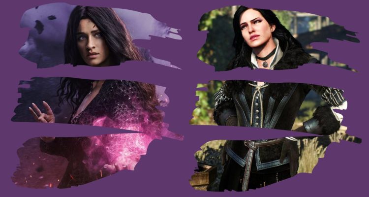 Purple background with Yennefer of Vengerberg from "The Witcher" TV series and the video game.