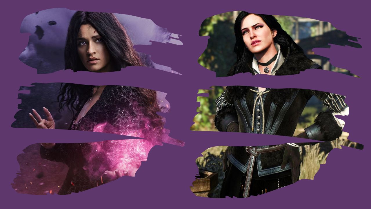Purple background with Yennefer of Vengerberg from "The Witcher" TV series and the video game.