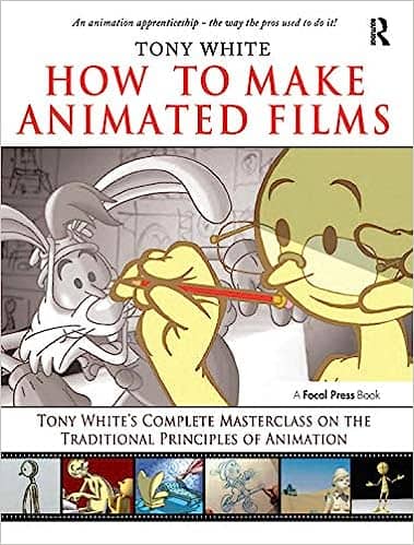A person with glasses drawing a cartoon rabbit with a red pencil. The title is on the top of the white book cover and called how to make animated films