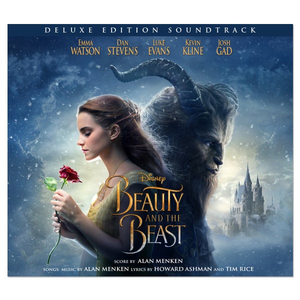 Soundtrack Album cover of Disney's Beauty and the Beast; Belle holding the enchanted rose back to back with the Beast, the castle in the background.