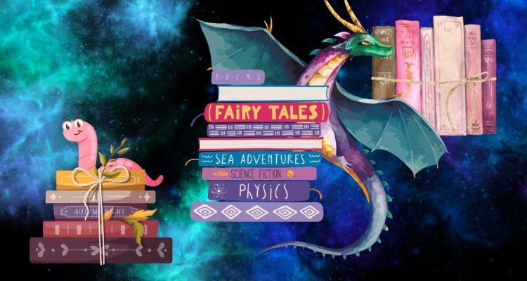 Three stacks of books with a pink book worm and a dragon