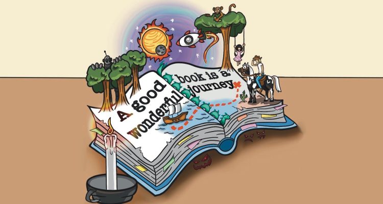 A Book with trees, a spaceship, a horse, a pirate ship, and multiple other images coming out of the pages.