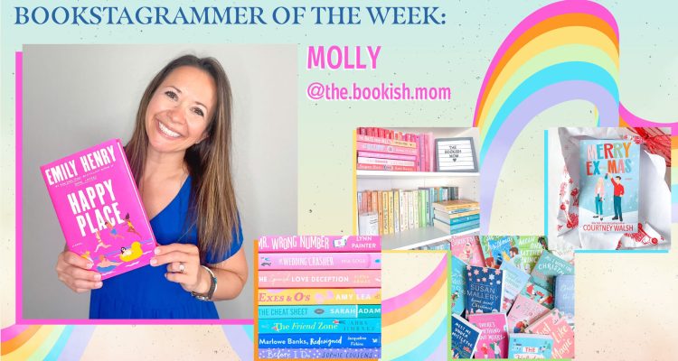 Bookstagrammer Molly Cesario holding up a pink book and colorful snippets from her candy colored Instagram feed against a rainbow designed backdrop