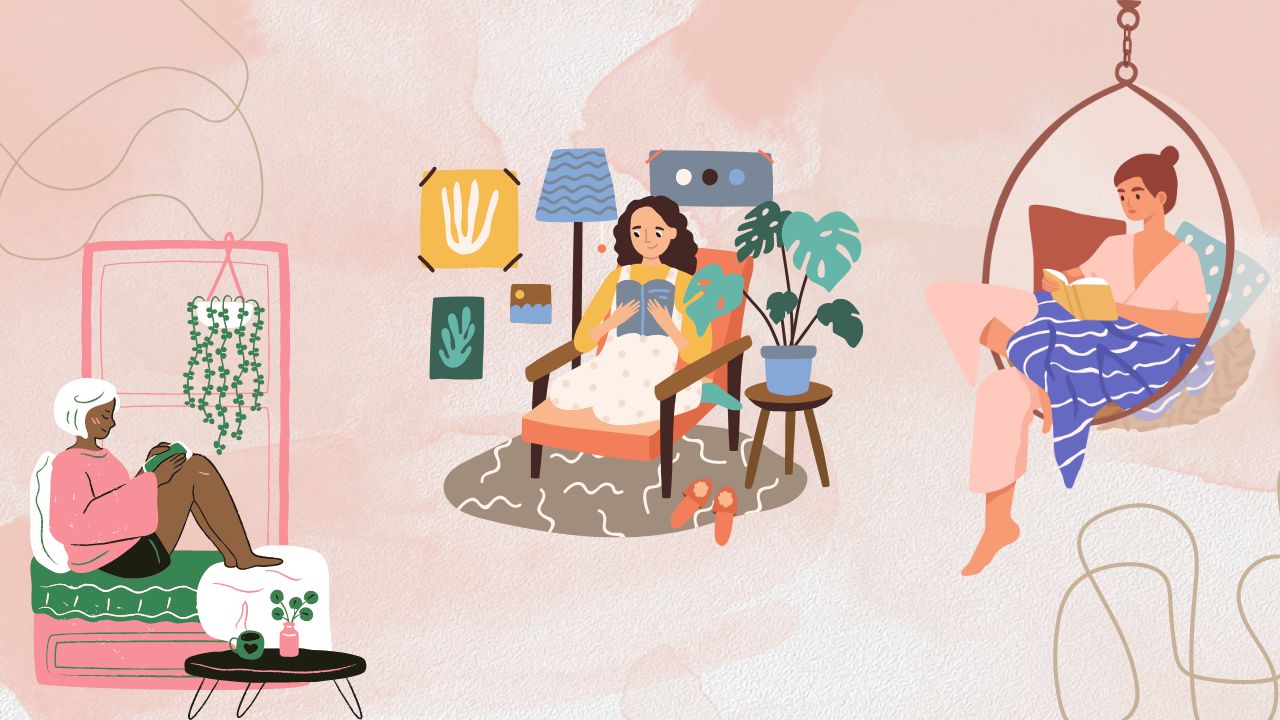 pink background with illustrations of women lounging while reading