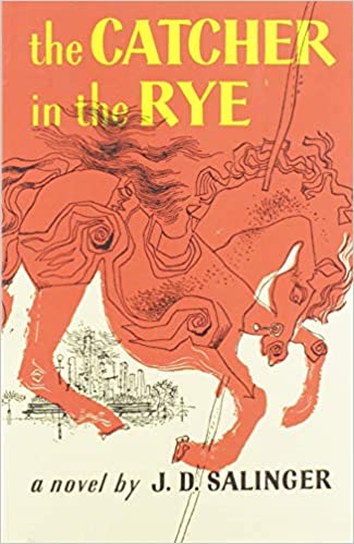 the catcher in the rye book cover orange carousel horse over beige background with little sketch of new york city skyline