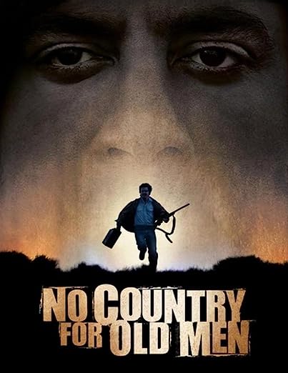 no-country-for-old-men-movie-poster-man's-face-in-background-armed-man-running-in-foreground