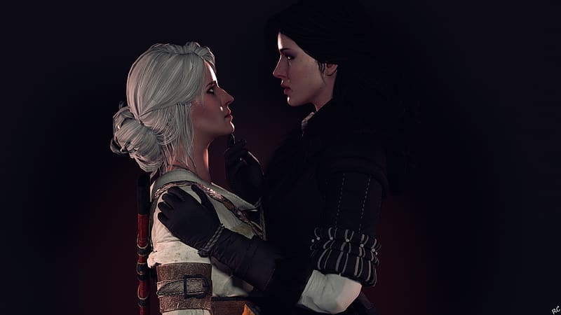 Ciri and Yennefer of Vengerberg from the video games are embracing each other. 