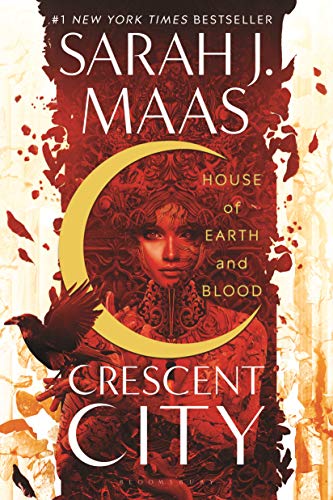 crescent city sarah j maas book cover, white trees on left and right with a red middle, the red looks like its flaking off into leaves, a red bird is flying out, a girl is in the center behind a crescent moon