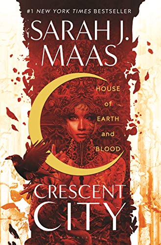 crescent city by sarah j maas book cover
white trees on the left and right edges, red woman in the middle with leaves and bird flying all behind a crescent moon