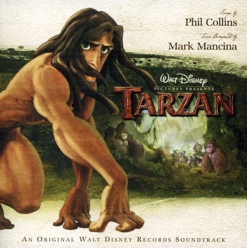 Disney's Tarzan soundtrack album cover; Tarzan kneeling in the foreground with his gorilla family in the background.