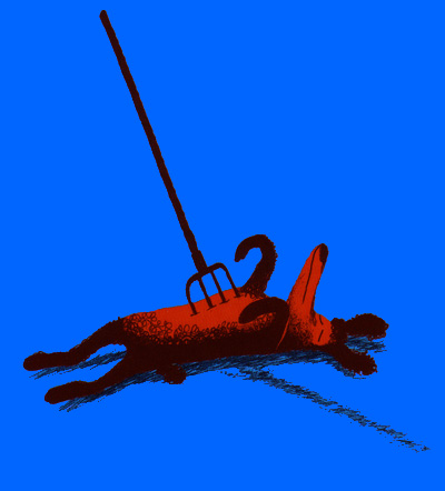 Graphic of a dog being impaled with a gardening fork, as in the novel.