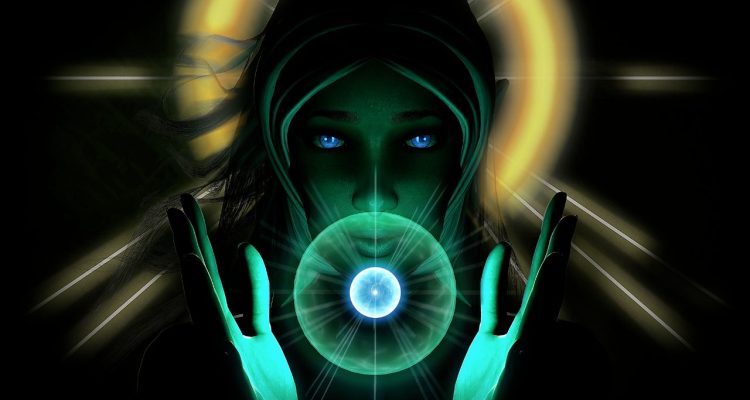 fantasy woman holding a glowing orb with a ringed halo - fictional fantasy religions