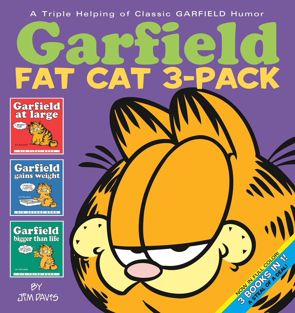 garfield fat cat 3 pack book cover purple ith garfield face and three smaller garfield book covers to the left