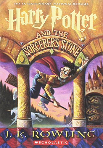 harry potter and the sorcerers stone jk rowling book cover
harry potter riding his broomstick trying to catch the golden snitch, hogwarts and a unicorn are in the distance