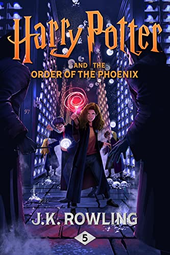 harry potter and the order of the phoenix book cover teenagers in tall dark hallway with shelves holding wands and fighting figures in cloaks