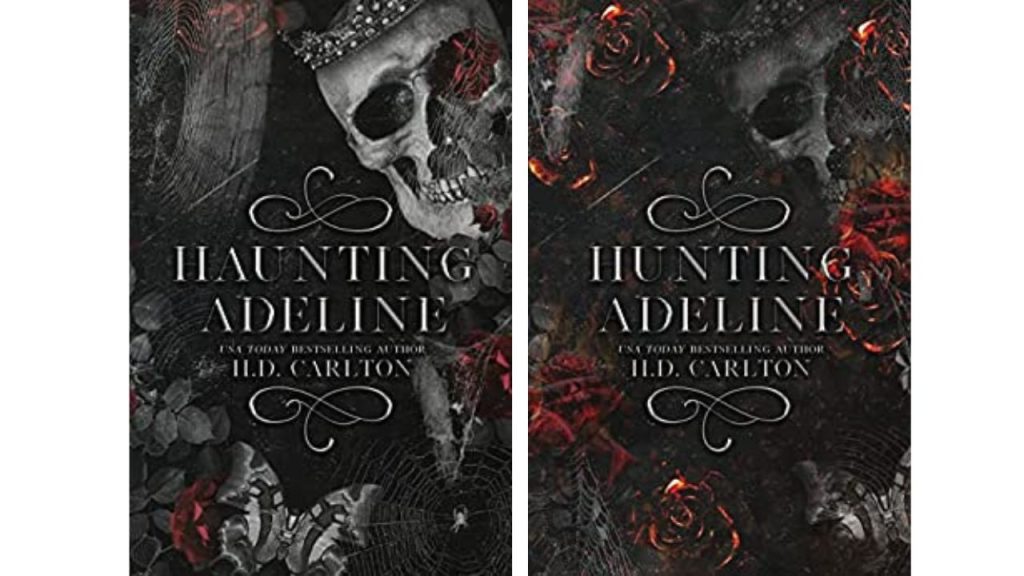 from left to right
haunting adeline book cover, black and white spider webs moths and leaves white scattered red roses and a skull in the top right corner with a crown

Hunting adeline book cover, black and white with multiple scattered red roses and a hidden skull in the top right corner with a crown
