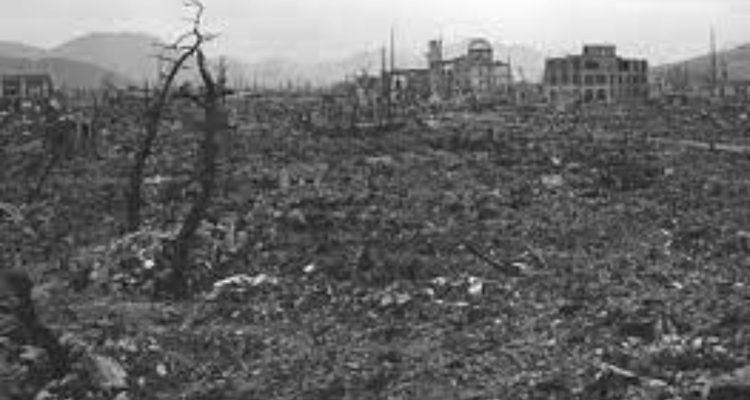 Hiroshima after the atomic bomb went off with collapsed buildings and debris everywhere