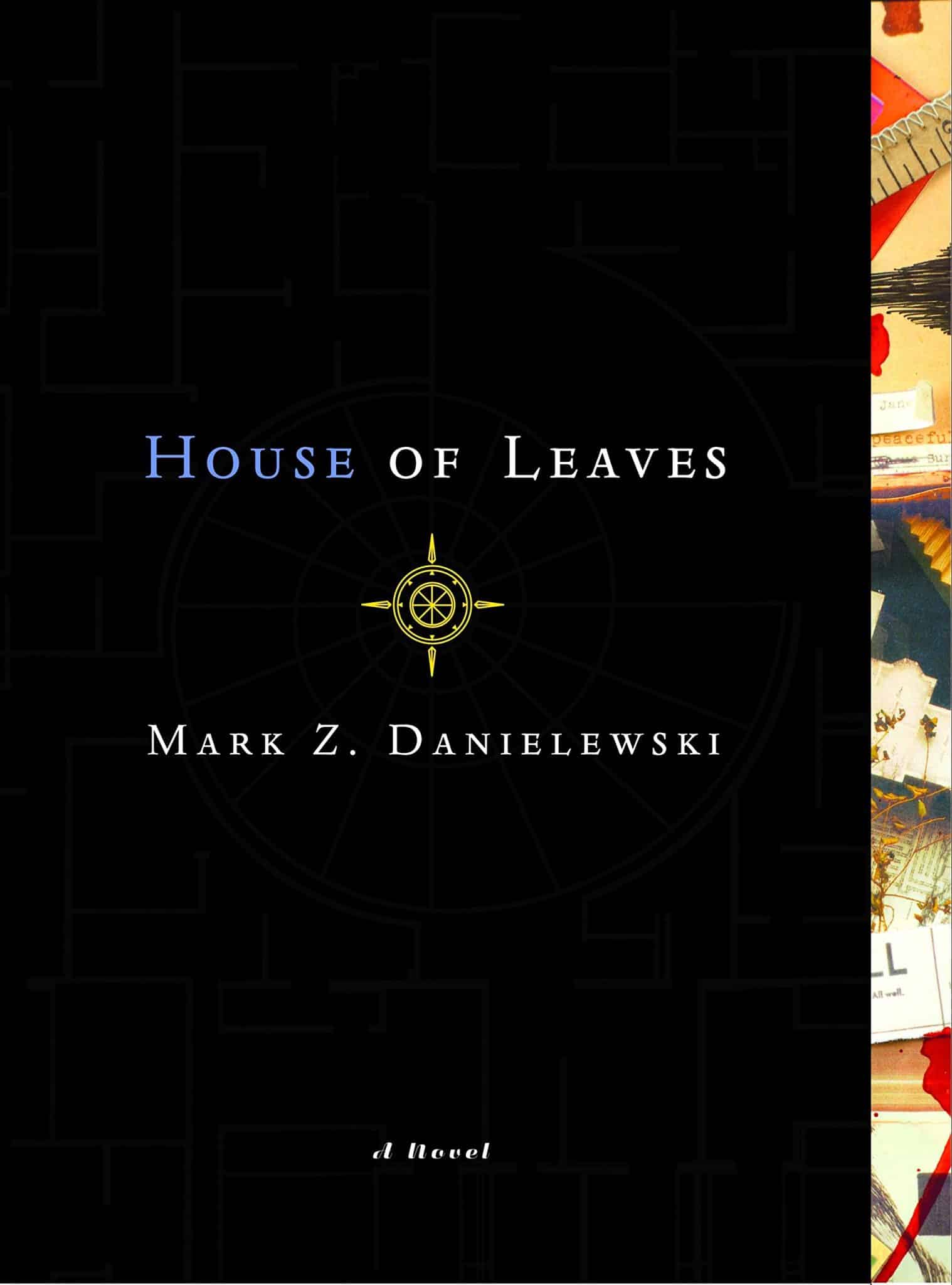 House of Leaves by Mark Z. Danielewski book cover, has a compass in the center of a black background.