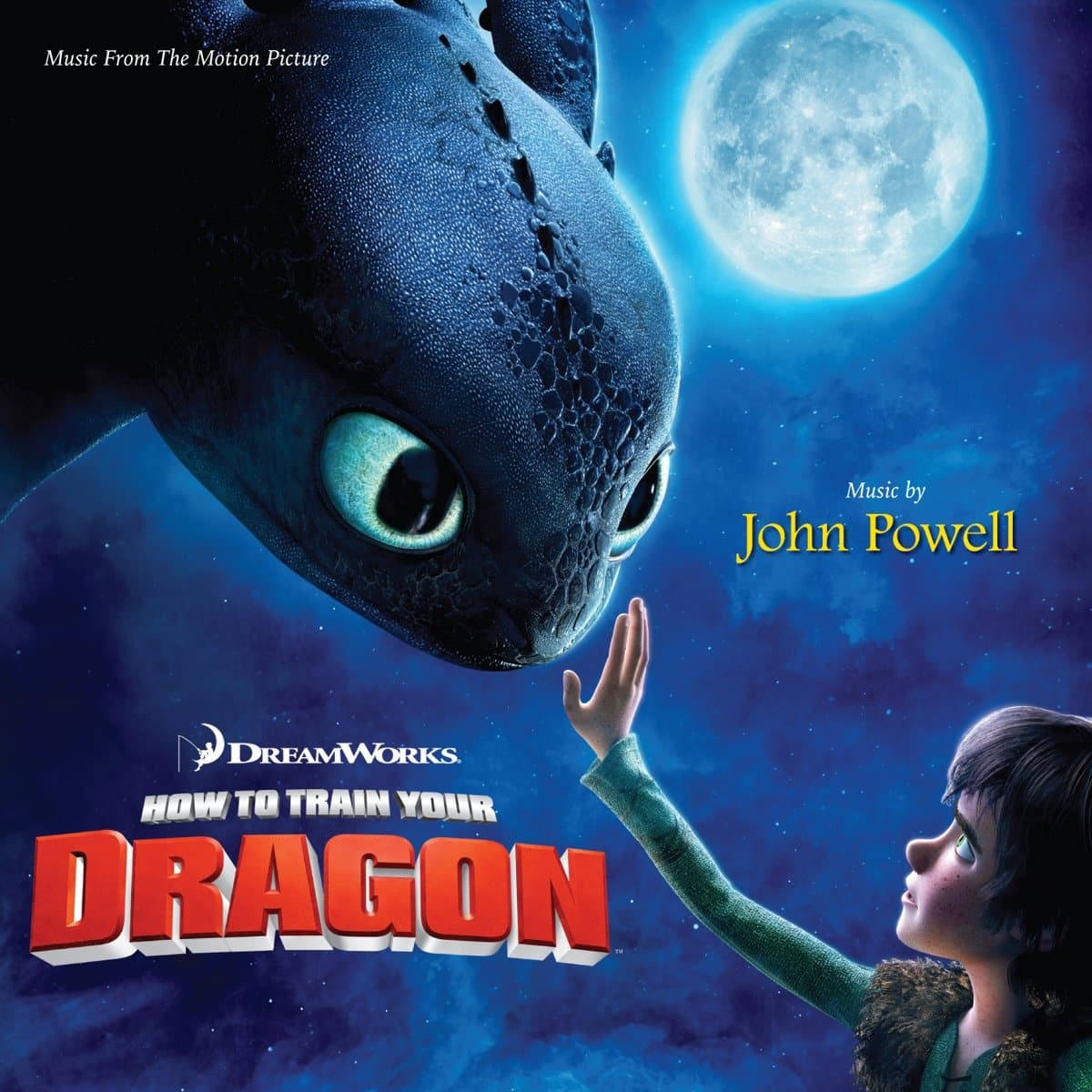 Soundtrack album cover for How To Train Your Dragon, Viking boy reached towards a black dragon in the moonlight.