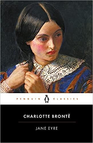 jane eyre book cover drawing of young girl looking down in thought braiding her black hair