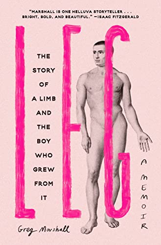 Leg book cover with naked man behind title text against pink background while the text is pink and black